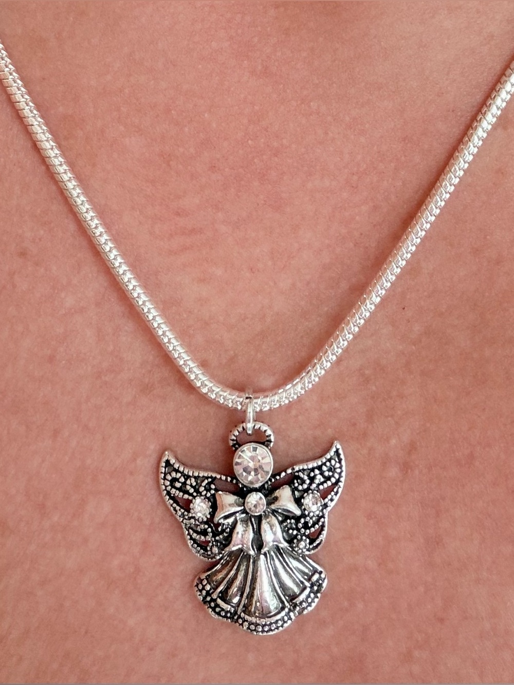 Real 925 sterling silver snake chain necklace w Angel pendant. 22” (55cm).GIFT.